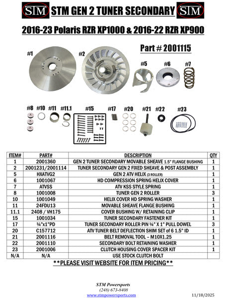2016-2023 XP1000, 2016-2023 General and 2016-2022 RZR 900 Tuner Secondary Assembly